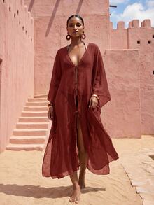 Zivah Colección Primavera/Verano 2026 Adecuada para Múltiples Ocasiones, Incluyendo Festivales de Música, Día de San Patricio, Día de San Valentín, Citas, Tema Occidental. Kimono Largo de Gasa Marrón Casual de Playa para Vacaciones de Mujer - Burdeos - Ver 5