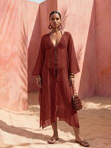Zivah Colección Primavera/Verano 2026 Adecuada para Múltiples Ocasiones, Incluyendo Festivales de Música, Día de San Patricio, Día de San Valentín, Citas, Tema Occidental. Kimono Largo de Gasa Marrón Casual de Playa para Vacaciones de Mujer - Burdeos - Ver 8