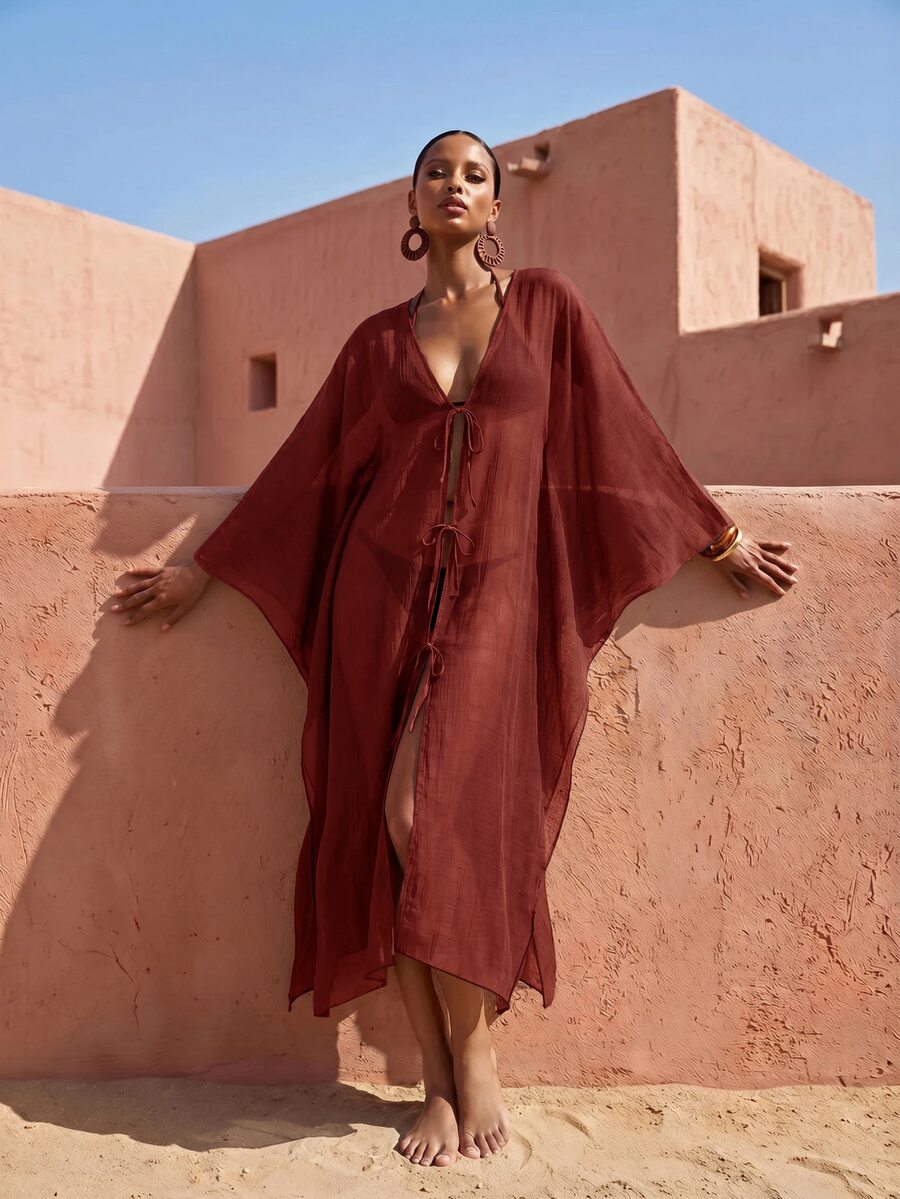 Zivah Colección Primavera/Verano 2026 Adecuada para Múltiples Ocasiones, Incluyendo Festivales de Música, Día de San Patricio, Día de San Valentín, Citas, Tema Occidental. Kimono Largo de Gasa Marrón Casual de Playa para Vacaciones de Mujer