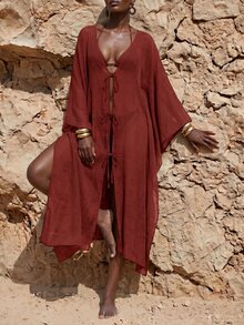 Zivah Colección Primavera/Verano 2026 Adecuada para Múltiples Ocasiones, Incluyendo Festivales de Música, Día de San Patricio, Día de San Valentín, Citas, Tema Occidental. Kimono Largo de Gasa Marrón Casual de Playa para Vacaciones de Mujer - Burdeos - Ver 6