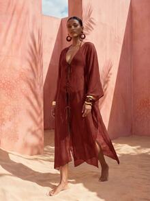 Zivah Colección Primavera/Verano 2026 Adecuada para Múltiples Ocasiones, Incluyendo Festivales de Música, Día de San Patricio, Día de San Valentín, Citas, Tema Occidental. Kimono Largo de Gasa Marrón Casual de Playa para Vacaciones de Mujer - Burdeos - Ver 7