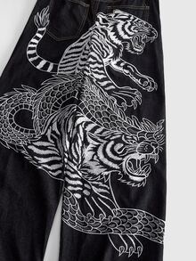 ROMWE MEN 男士寬鬆版型虎頭刺繡牛仔褲 - 黑色 - 查看 5