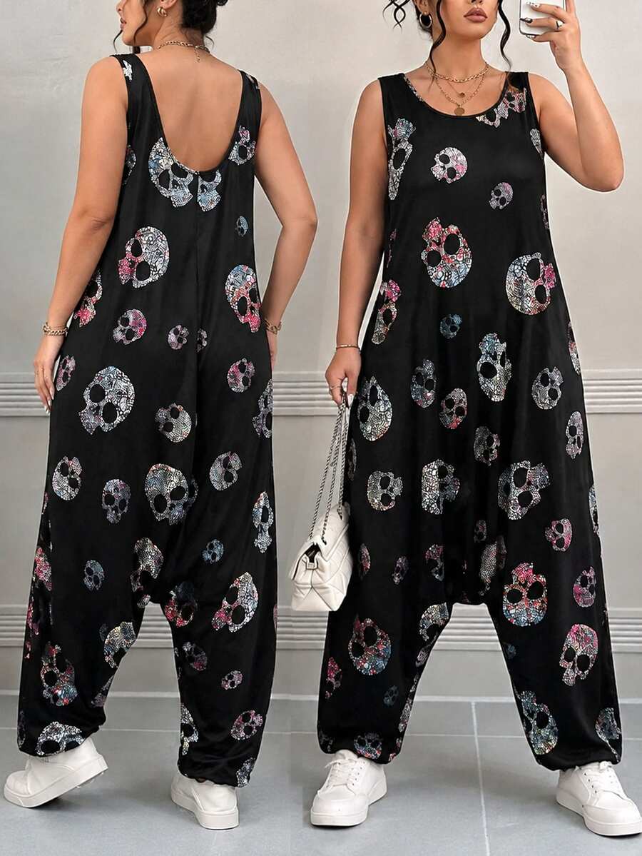 EMERY ROSE Plus Size Women's New Round Neck Sleeveless Fashion Halloween Skeleton Print Drop Crotch Jumpsuit, Summer Gothic Style Suitable For Daily Wear, Commuting And Various Occasions - Multicolor - View 1