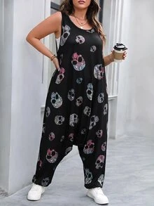 EMERY ROSE 大尺碼女款新款圓領無袖時尚萬聖節骷髏印花低襠連身褲，夏季哥德風，適合日常穿著、通勤及各種場合 - 彩色 - 查看 6