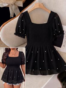 SHEIN Clasi Plus Size Women's Square Neck Cinched Waist Chiffon Sheer Sleeve Blouse - Black - View 1