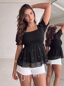 SHEIN Clasi Plus Size Women's Square Neck Cinched Waist Chiffon Sheer Sleeve Blouse - Black - View 9