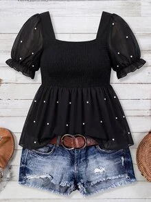 SHEIN Clasi Plus Size Women's Square Neck Cinched Waist Chiffon Sheer Sleeve Blouse - Black - View 7