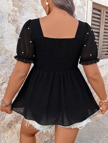 SHEIN Clasi Plus Size Women's Square Neck Cinched Waist Chiffon Sheer Sleeve Blouse - Black - View 2