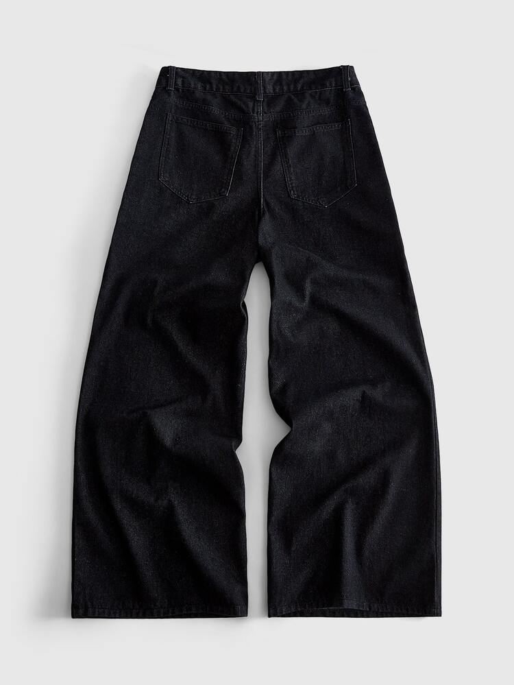 ROMWE MEN Men's Button Design Pocket Wide Leg Loose Fit Denim Jeans - Black - View 3