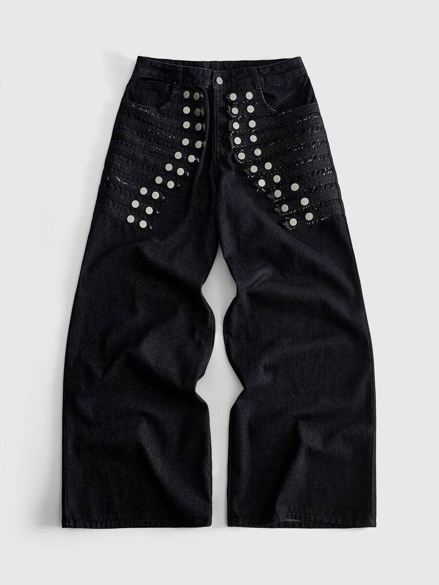 ROMWE MEN Men's Button Design Pocket Wide Leg Loose Fit Denim Jeans - Black - View 1