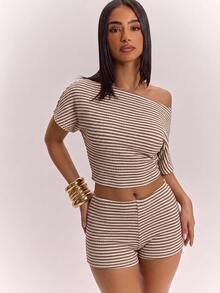 SHEIN BAE 女款條紋不對稱領短版上衣與短褲休閒兩件套 - 白色 - 查看 5