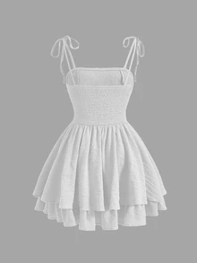 SHEIN MOD Solid Ruched Bust Tie Shoulder Double Hem White Cami Dress,White Graduation Dress - White - View 2