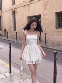 SHEIN MOD Solid Ruched Bust Tie Shoulder Double Hem White Cami Dress,White Graduation Dress - White - View 1