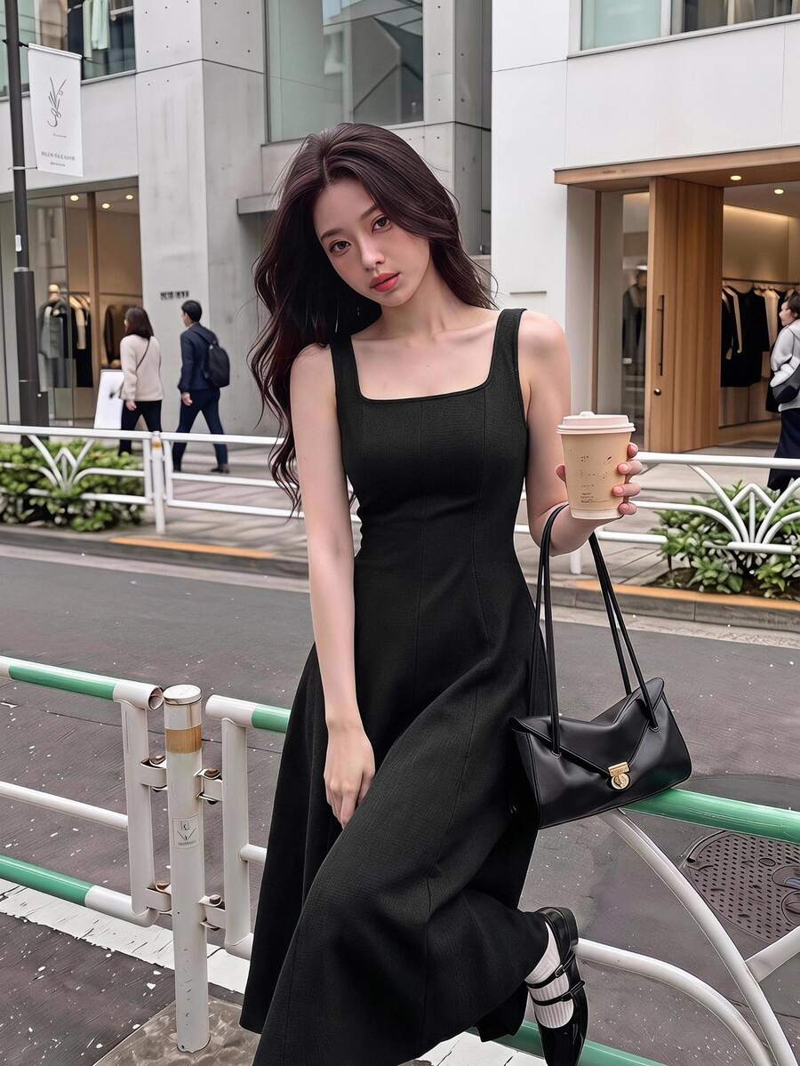 SHEIN MOD Ladies' Solid Color Square Neck Sleeveless Black Dress,Summer Dresses For Women - Black - View 1
