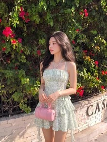 SHEIN MOD Floral Print Ruched Bust Ruffle Trim Tie Backless Halter Green Floral Summer Pastoral Short Dress - Green - View 1