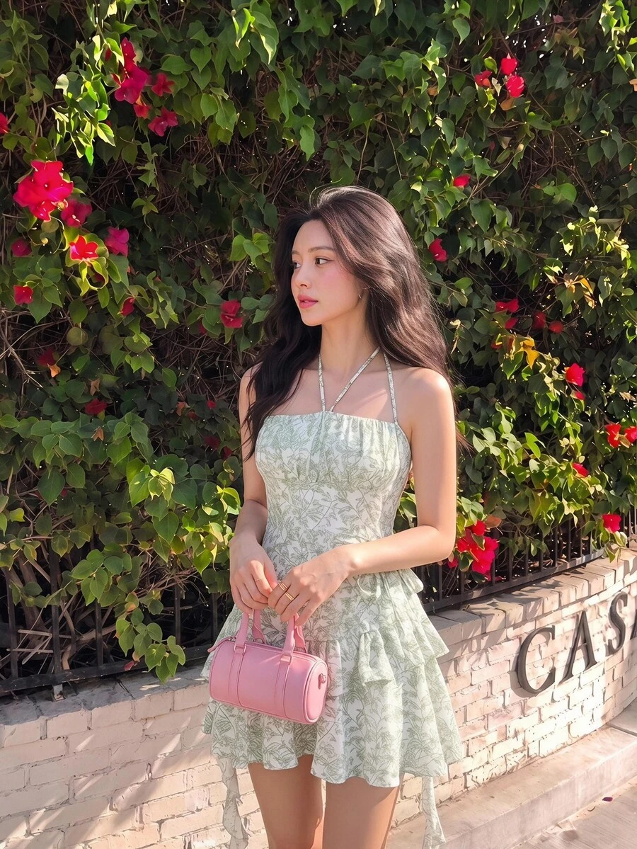 SHEIN MOD Floral Print Ruched Bust Ruffle Trim Tie Backless Halter Green Floral Summer Pastoral Short Dress - Green - View 1
