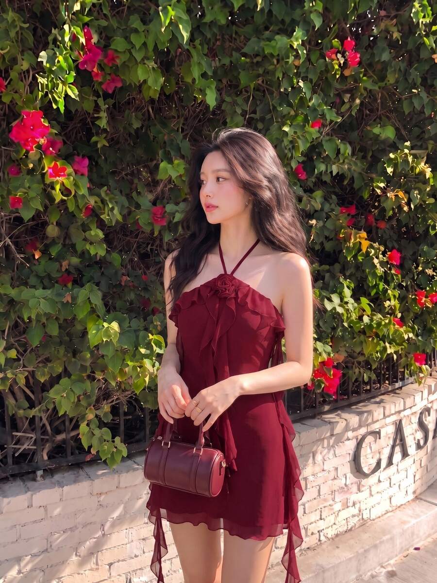 SHEIN MOD Wine Red Halter Neck Floral Decor Ruffle Collar Tie Romantic Stretch Knit Mesh Women Dress - Burgundy - View 1
