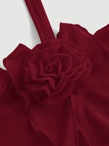 SHEIN MOD Wine Red Halter Neck Floral Decor Ruffle Collar Tie Romantic Stretch Knit Mesh Women Dress - Burgundy - View 3