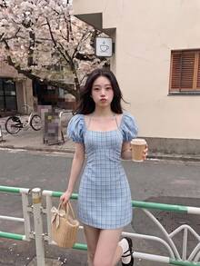 SHEIN MOD Plaid Print Tie Backless Puff Sleeve Dress,Pastel Dresses For Women - Blue and White - View 1