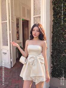 SHEIN MOD Short Dress For Women With Red Side Bowknot Bandeau,White Graduation Dress - Beige - View 1