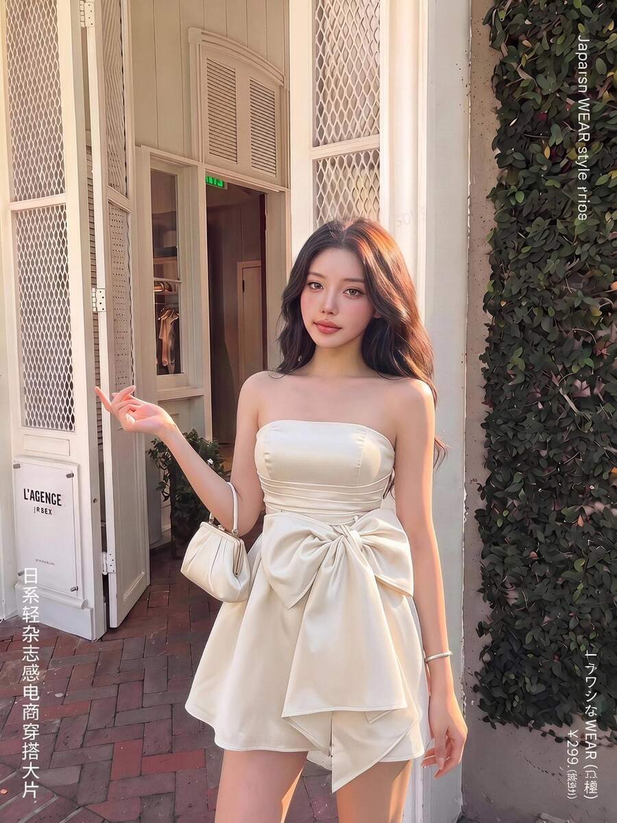 SHEIN MOD Short Dress For Women With Red Side Bowknot Bandeau,White Graduation Dress - Beige - View 1