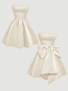 SHEIN MOD Short Dress For Women With Red Side Bowknot Bandeau,White Graduation Dress - Beige - View 6