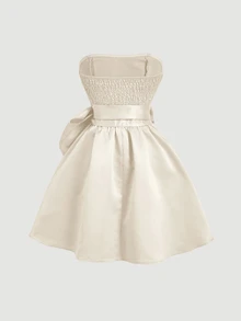 SHEIN MOD Short Dress For Women With Red Side Bowknot Bandeau,White Graduation Dress - Beige - View 2