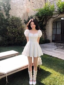 SHEIN MOD Puff Sleeve Frill Trim Tie Front Ruffle Hem Dress - White - View 1