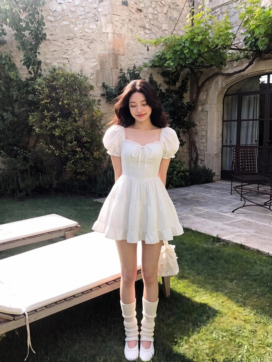 SHEIN MOD Puff Sleeve Frill Trim Tie Front Ruffle Hem Dress - White - View 1