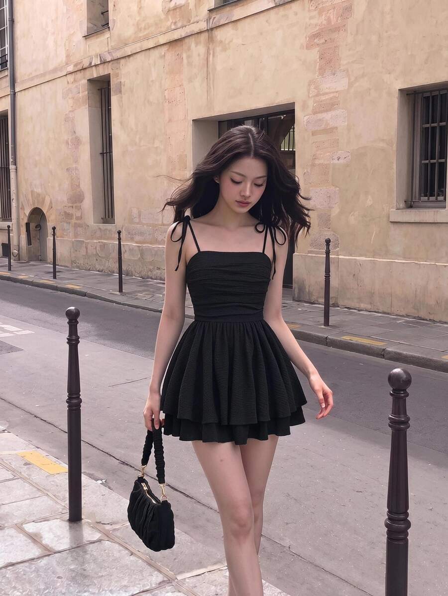 SHEIN MOD Solid Tie Shoulder Ruched Bust Cami Black Summer Dress - Black - View 1