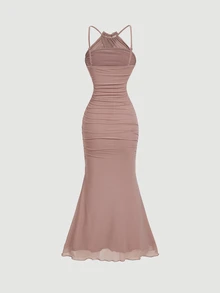 SHEIN MOD Đầm dài cổ yếm đuôi cá màu mơ cho nữ, Đầm dạ hội, Đầm mùa thu - Hồng - Xem 2