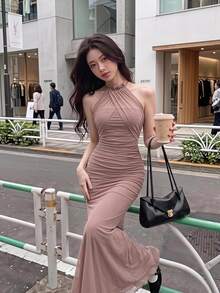 SHEIN MOD Đầm dài cổ yếm đuôi cá màu mơ cho nữ, Đầm dạ hội, Đầm mùa thu - Hồng - Xem 1