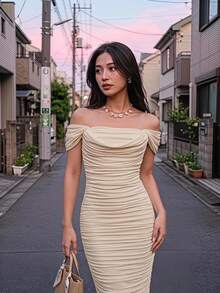 SHEIN MOD Off Shoulder Ruched Mesh Bodycon Dress - Apricot - View 1