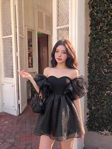 SHEIN MOD Women's Off Shoulder Dress With Exaggerated Sleeves - Black - View 1