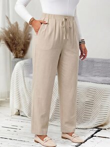 EMERY ROSE Plus Size Women's Casual Daily Light Khaki Long Pants (With Pockets), Suitable For Spring, Summer, Autumn And Vacation Wear - Khaki - View 3