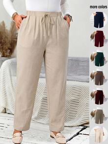 EMERY ROSE Plus Size Women's Casual Daily Light Khaki Long Pants (With Pockets), Suitable For Spring, Summer, Autumn And Vacation Wear - Khaki - View 1