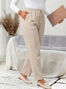 EMERY ROSE Plus Size Women's Casual Daily Light Khaki Long Pants (With Pockets), Suitable For Spring, Summer, Autumn And Vacation Wear - Khaki - View 4
