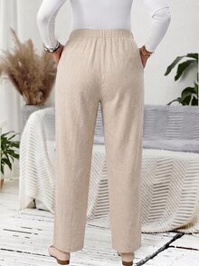 EMERY ROSE Plus Size Women's Casual Daily Light Khaki Long Pants (With Pockets), Suitable For Spring, Summer, Autumn And Vacation Wear - Khaki - View 2