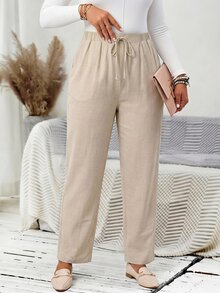 EMERY ROSE Plus Size Women's Casual Daily Light Khaki Long Pants (With Pockets), Suitable For Spring, Summer, Autumn And Vacation Wear - Khaki - View 5