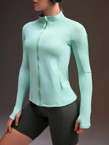 Powerista Solid Color Front Zipper Slim Fit Sports Jacket Mint Green Sleeves With Storage Pockets, Reflective Running Jacket, Suitable For Fitness And Workout - Mint Green - View 4