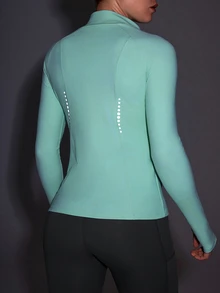 Powerista Solid Color Front Zipper Slim Fit Sports Jacket Mint Green Sleeves With Storage Pockets, Reflective Running Jacket, Suitable For Fitness And Workout - Mint Green - View 2