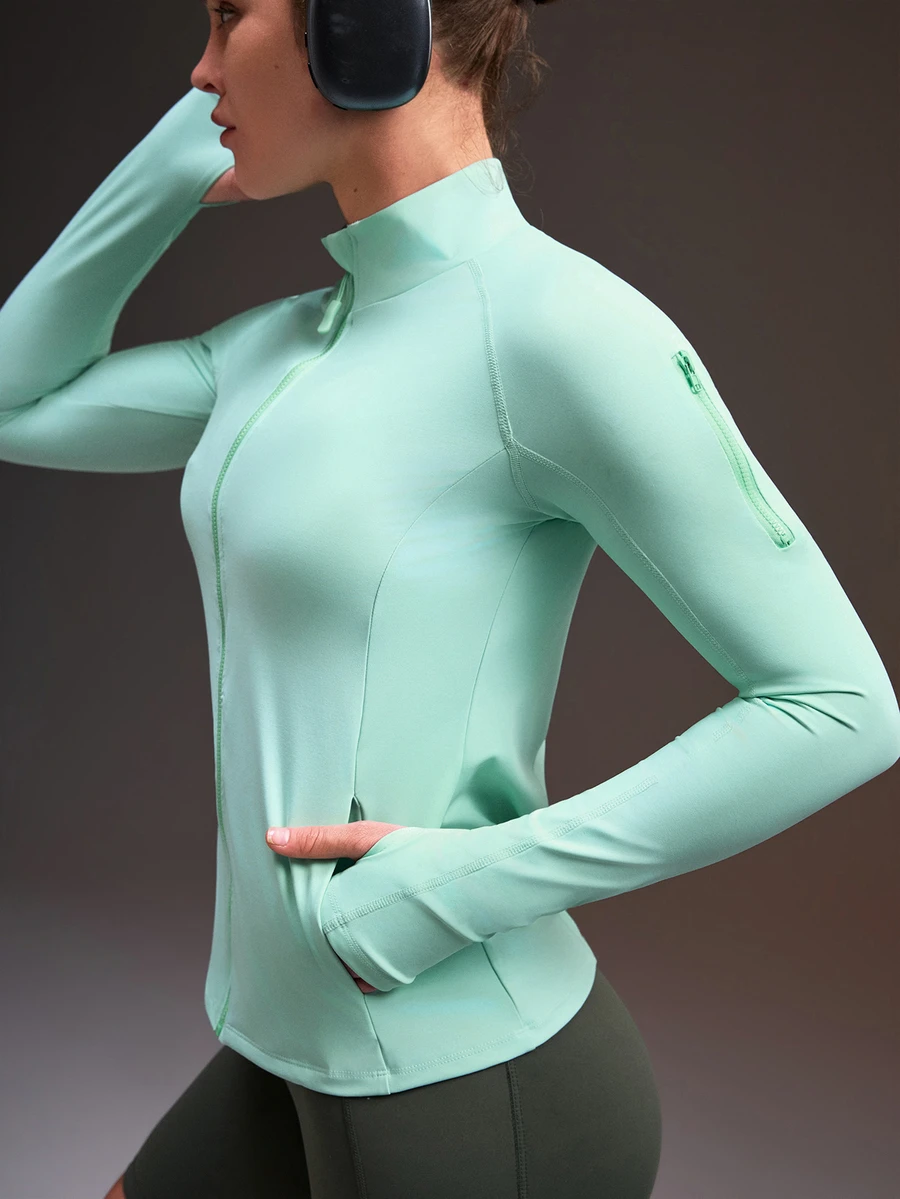 Powerista Solid Color Front Zipper Slim Fit Sports Jacket Mint Green Sleeves With Storage Pockets, Reflective Running Jacket, Suitable For Fitness And Workout - Mint Green - View 1