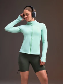 Powerista Solid Color Front Zipper Slim Fit Sports Jacket Mint Green Sleeves With Storage Pockets, Reflective Running Jacket, Suitable For Fitness And Workout - Mint Green - View 3