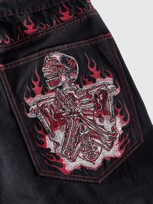 ROMWE MEN 男士刺繡圖案寬鬆版牛仔褲 - 黑色 - 查看 3