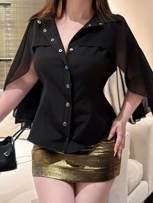 Vibekara Kemeja Kasual Serbaguna untuk Wanita Ukuran Besar, Warna Polos, Cocok untuk Pemakaian Sehari-hari di Musim Gugur - Hitam - View 3