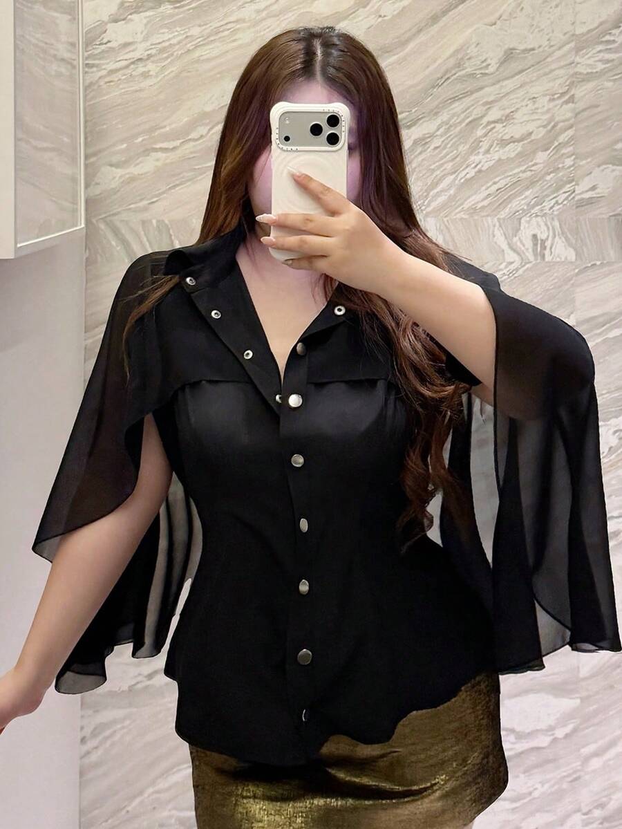Vibekara Kemeja Kasual Serbaguna untuk Wanita Ukuran Besar, Warna Polos, Cocok untuk Pemakaian Sehari-hari di Musim Gugur - Hitam - View 1