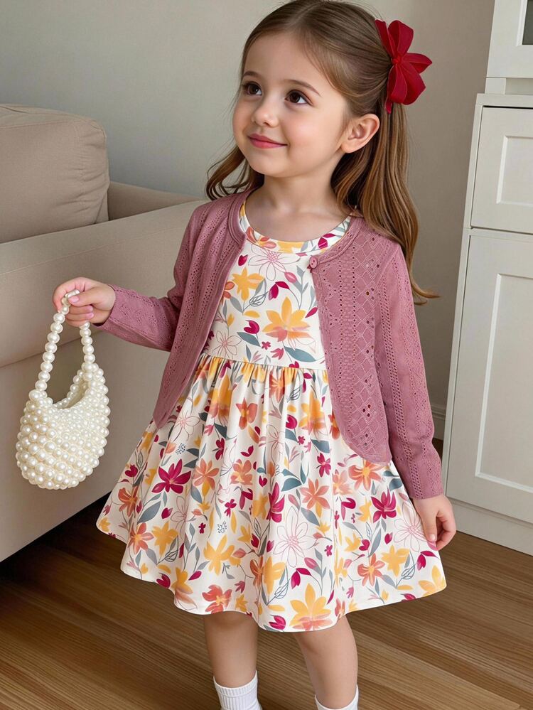 LMoss Kids Baby Girl Solid Color Knit Soft Round Neck Long Sleeve Cardigan Top & Floral Pattern Round Neck Sleeveless Waist-Cinching Dress 2-Piece Set - Multicolor - View 1