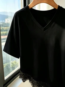 Franclia 新款春夏圆领短袖荷叶边下摆黑色T恤 - 黑色 - 查看 5