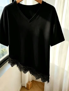 Franclia 新款春夏圆领短袖荷叶边下摆黑色T恤 - 黑色 - 查看 6