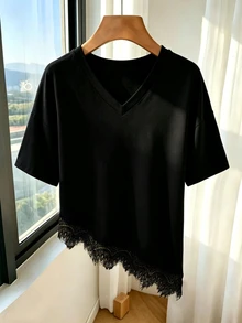 Franclia 新款春夏圆领短袖荷叶边下摆黑色T恤 - 黑色 - 查看 3